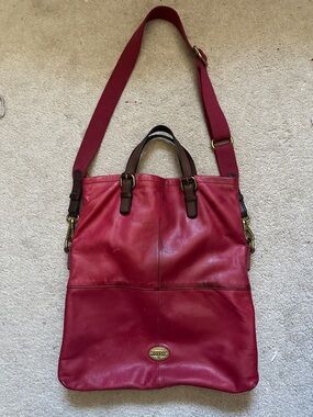 EUC, Like New Fossil Red Leather Convertible Tote with Brown Handles